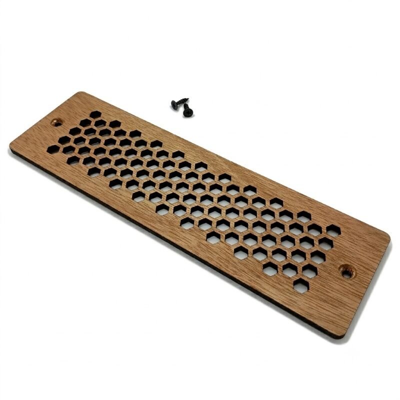 10x3 Cabinet Vent Cover – Decorative Honeycomb Laminated Hardwood 2 10x3 decorative cabinet toe kick vent cover installed in modern kitchen